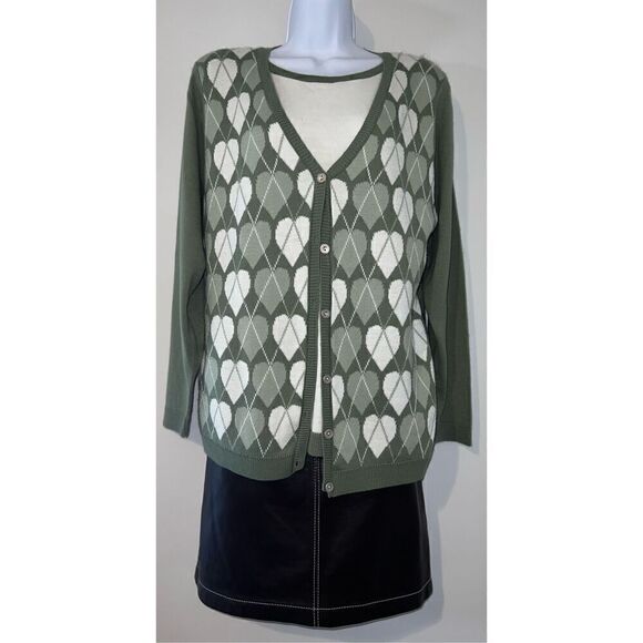 Women’s 2in1 Green Hearts Argyle Pattern Sweater SMALL - Picture 6 of 7